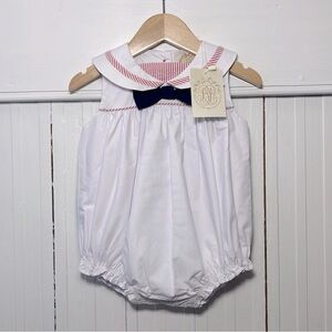 The Beaufort Bonnet Company White Bubble Romper with Pink Trim and Navy Bow